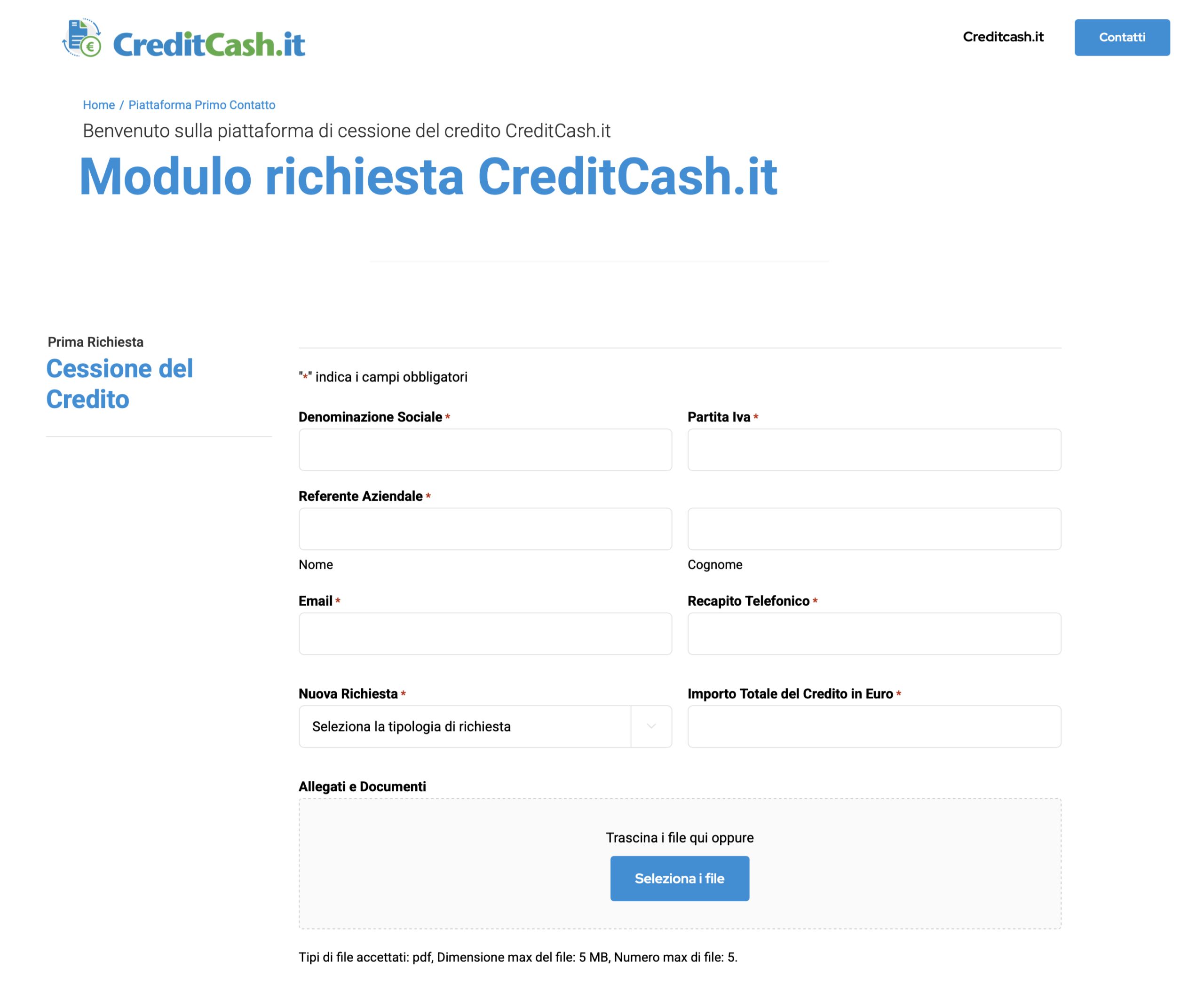 Modulo richiesta dell'area clienti CreditCash per la cessione del credito
